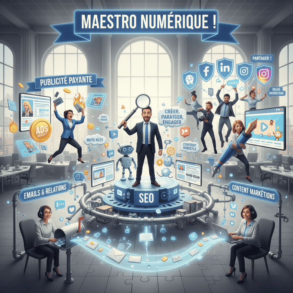 Depiction of the 5 essential pillars of digital marketing as an orchestra or puzzle: SEO optimization with keywords and website elements, paid advertising (SEA) with ads and budgets, content marketing with blogs and videos, social media platforms with logos (Facebook, Instagram, LinkedIn, TikTok, Twitter), and email marketing with envelopes and communication symbols.