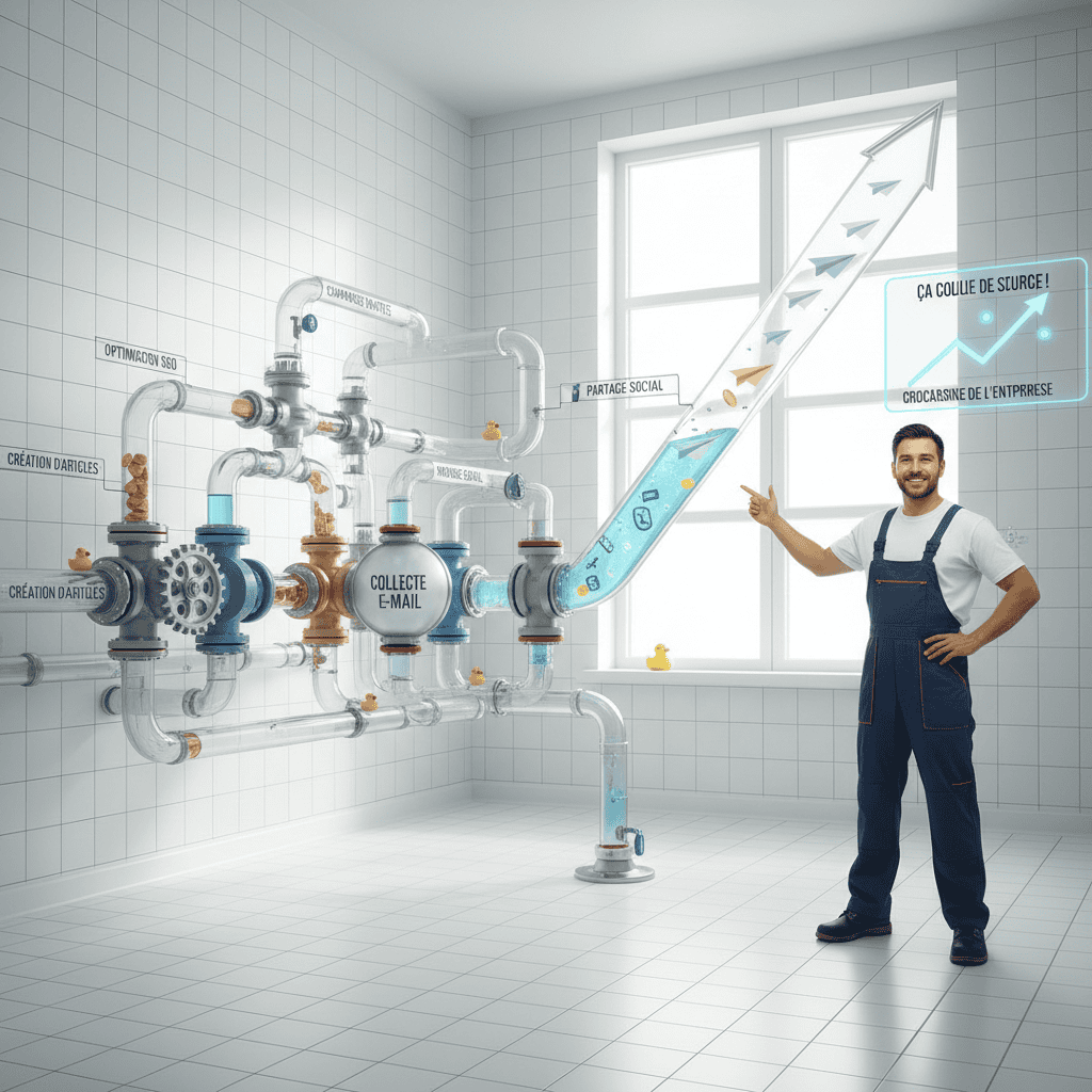 Graphic illustrating the synergy of digital marketing channels working together: an integrated workflow with steps like article creation, SEO optimization, email collection, paid campaigns, social media sharing, and email sequences, showing a growing graph symbolizing business growth.